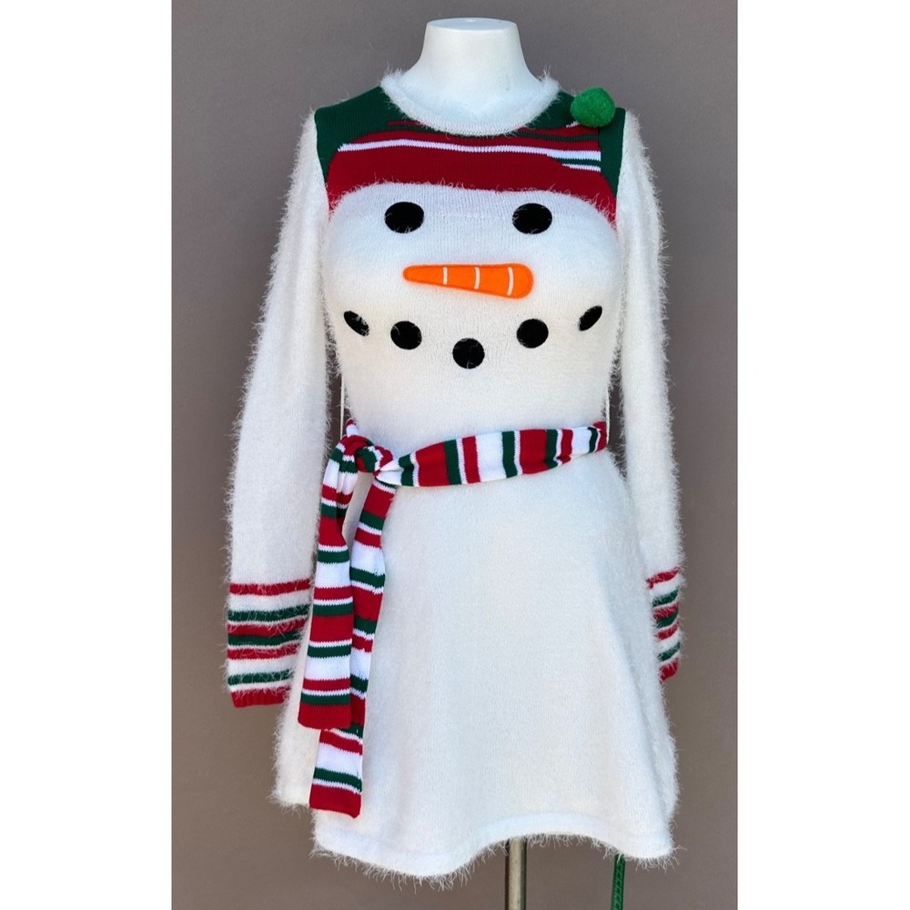 Women's Snowman Christmas Fuzzy Stretchy Sweater Dress Size XS Party Holiday NEW